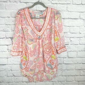 Gretchen Scott Paisley 3/4 Sleeve Tunic V-neck Top Size Small